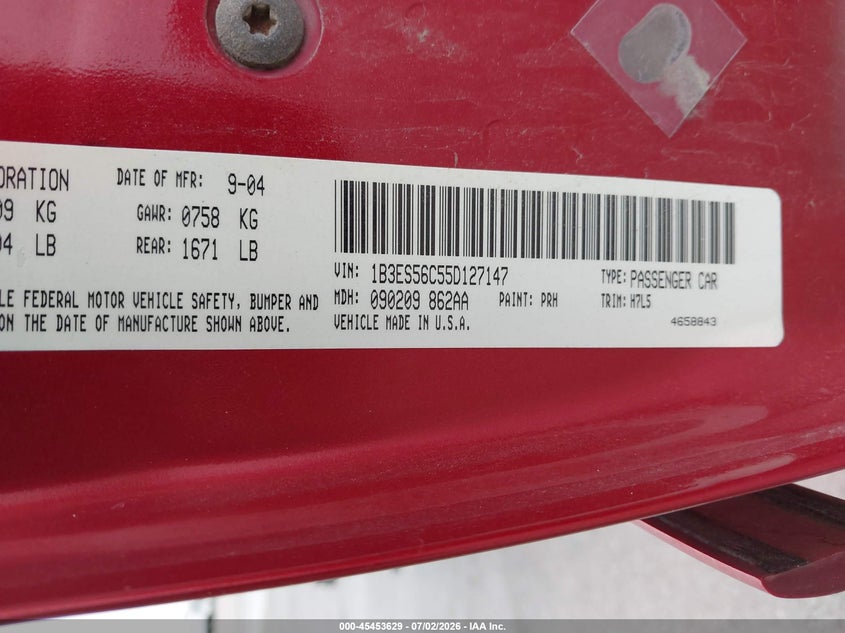 2005 Dodge Neon Sxt VIN: 1B3ES56C55D127147 Lot: 45453629