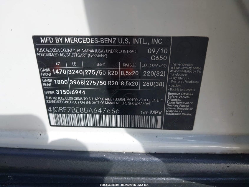 2011 Mercedes-Benz Gl 450 4Matic VIN: 4JGBF7BE8BA647666 Lot: 45453639