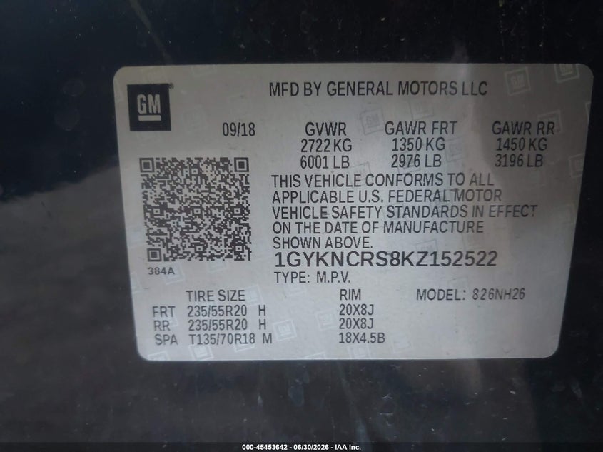 2019 Cadillac Xt5 Luxury VIN: 1GYKNCRS8KZ152522 Lot: 45453642