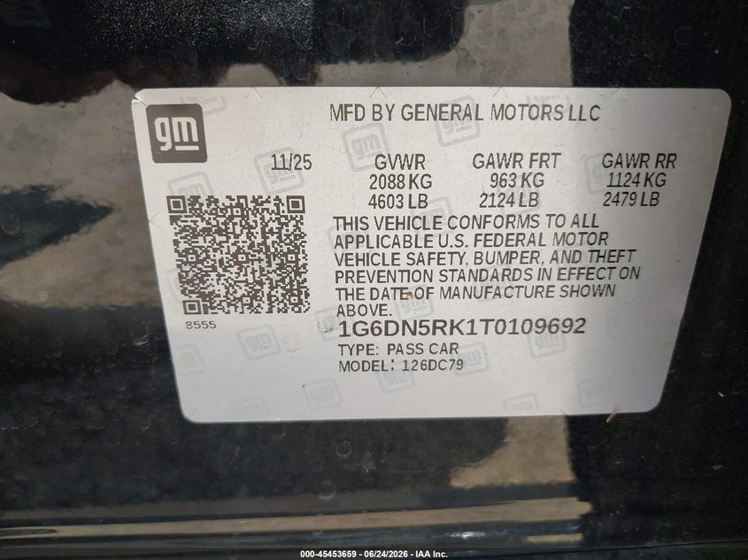 2026 Cadillac Ct5 Premium Luxury Rwd VIN: 1G6DN5RK1T0109692 Lot: 45453659