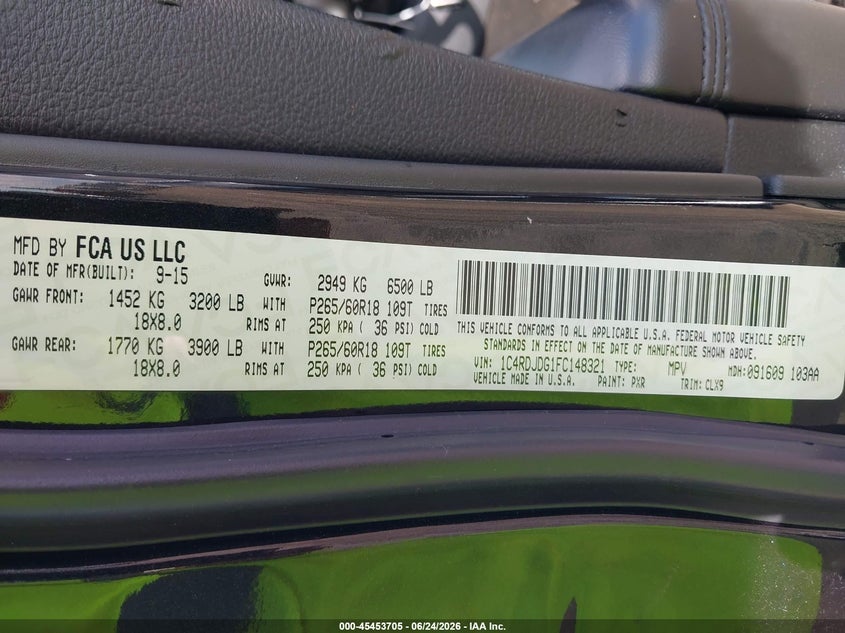 2015 Dodge Durango Limited VIN: 1C4RDJDG1FC148321 Lot: 45453705