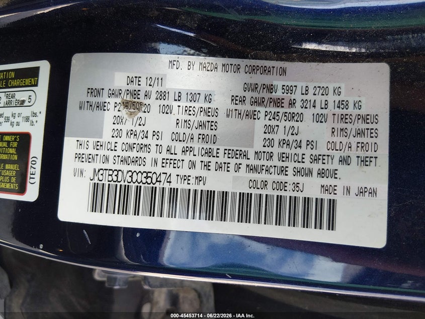 2012 Mazda Cx-9 Grand Touring VIN: JM3TB3DV3C0350474 Lot: 45453714