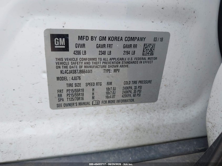 2018 Buick Encore Preferred VIN: KL4CJASB7JB664441 Lot: 45453717