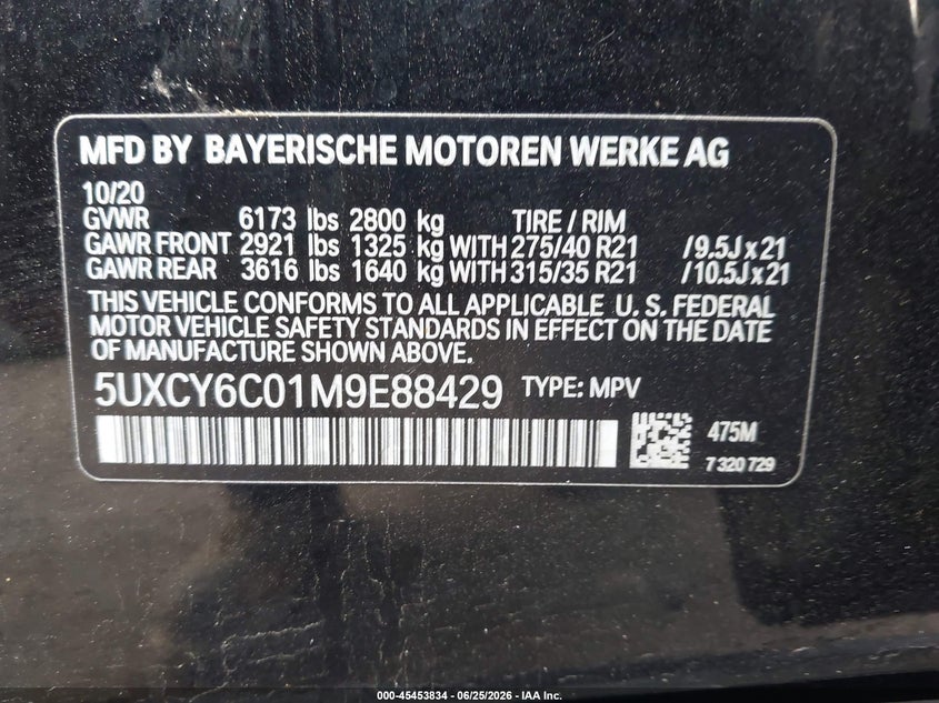2021 BMW X6 xDrive40I VIN: 5UXCY6C01M9E88429 Lot: 45453834