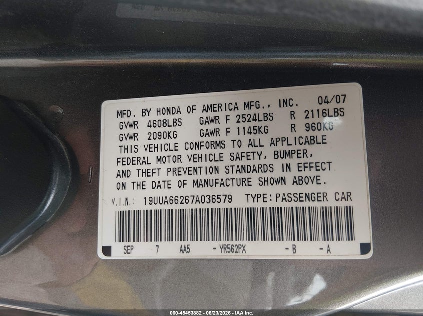 2007 Acura Tl 3.2 VIN: 19UUA66267A036579 Lot: 45453882