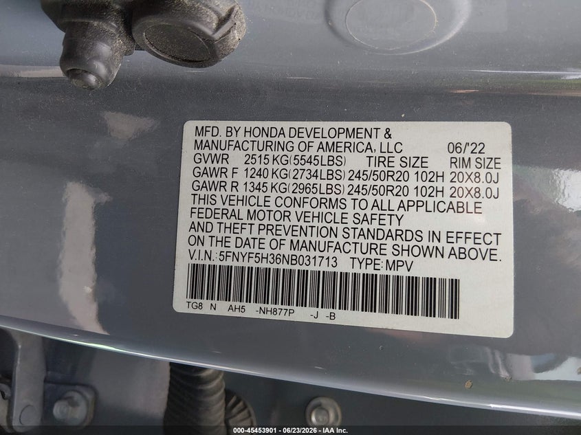 2022 HONDA PILOT SPORT UTILITY VEHICLE 3.5L V-6 DI, VVT, 280HP
