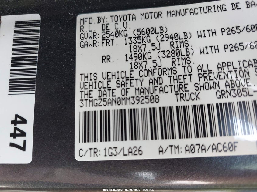 TOYOTA TACOMA 2021 VIN 3TMGZ5AN0MM392508