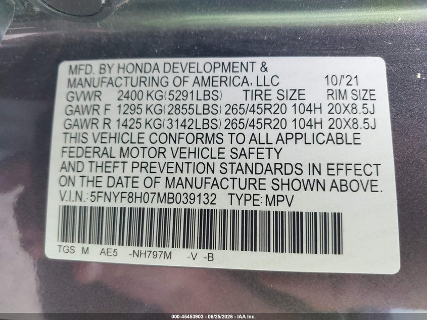 2021 Honda Passport Awd Elite VIN: 5FNYF8H07MB039132 Lot: 45453903