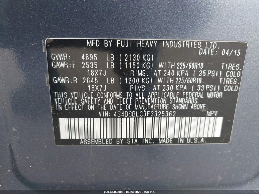 2015 Subaru Outback 2.5I Limited VIN: 4S4BSBLC3F3325362 Lot: 45453908
