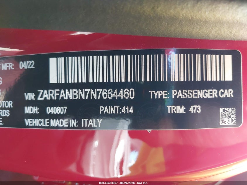 2022 Alfa Romeo Giulia Veloce Awd VIN: ZARFANBN7N7664460 Lot: 45453967