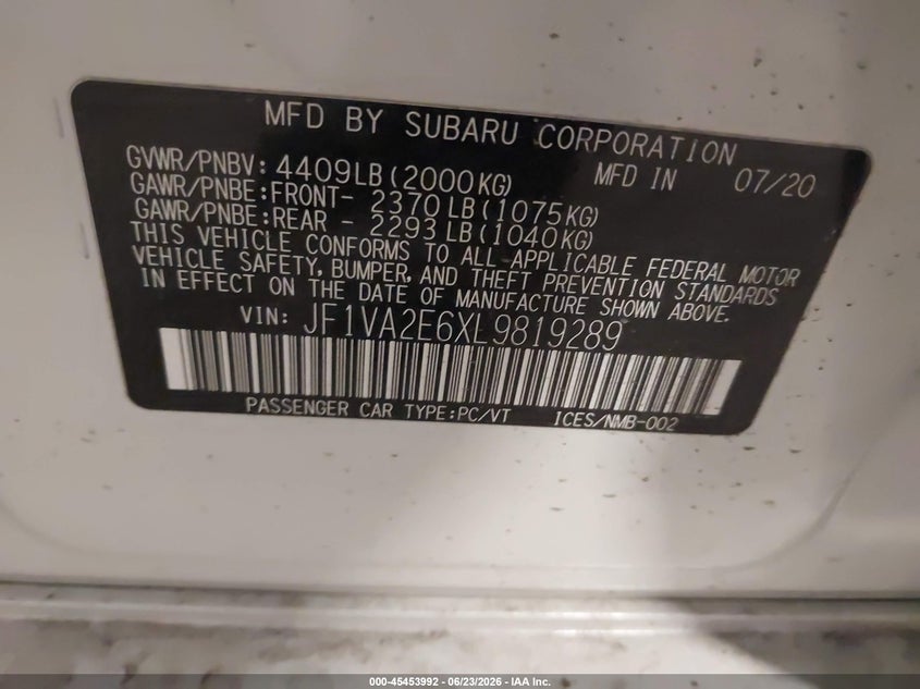 2020 Subaru Wrx Sti VIN: JF1VA2E6XL9819289 Lot: 45453992