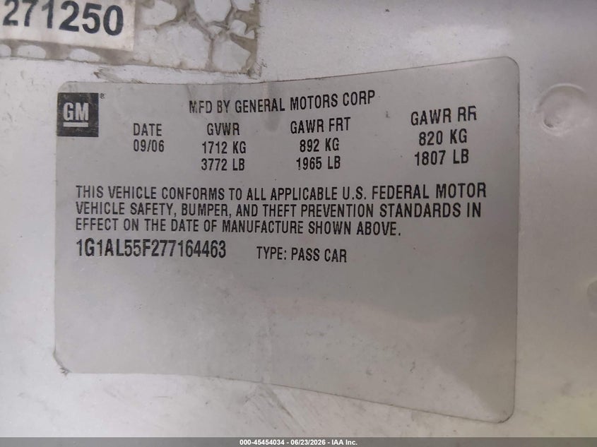2007 Chevrolet Cobalt Lt VIN: 1G1AL55F277164463 Lot: 45454034