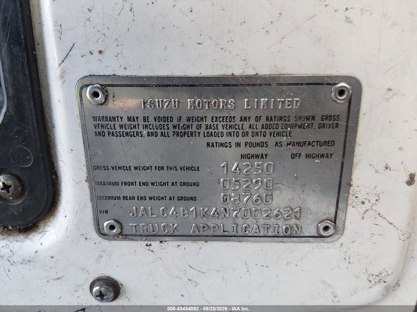 1992 Isuzu Npr VIN: JALC4B1K4N7002621 Lot: 45454092