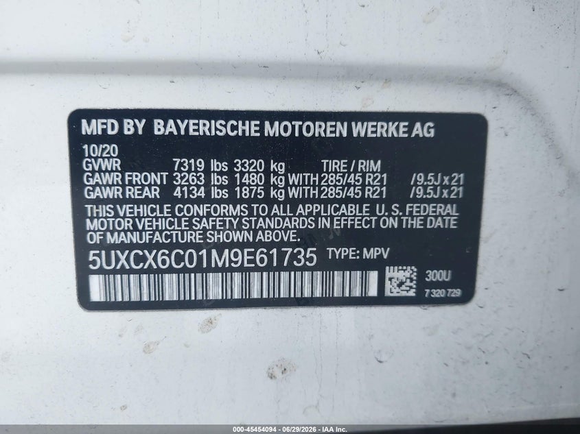 2021 BMW X7 M50I VIN: 5UXCX6C01M9E61735 Lot: 45454094