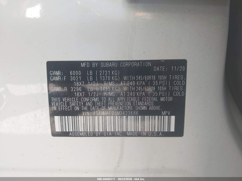2021 Subaru Ascent Premium VIN: 4S4WMAFD5M3423686 Lot: 45454117