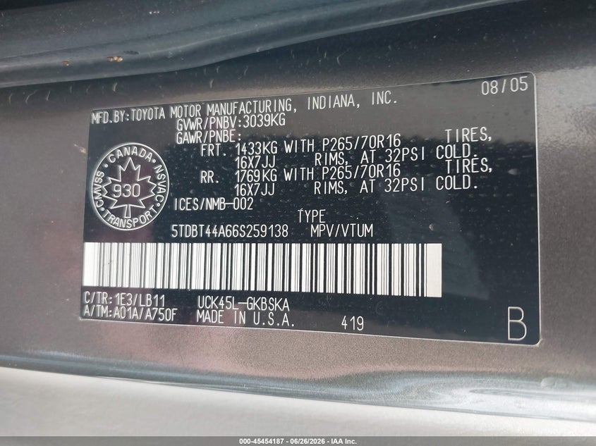 2006 Toyota Sequoia Sr5 V8 VIN: 5TDBT44A66S259138 Lot: 45454187