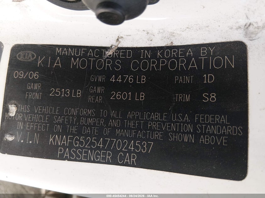 2007 Kia Rondo Lx VIN: KNAFG525477024537 Lot: 45454244