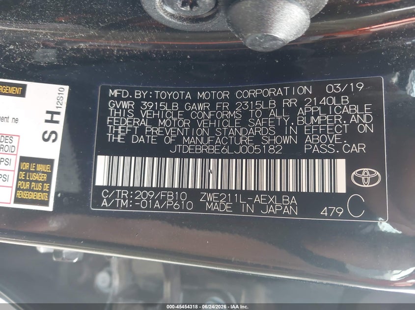 2020 TOYOTA COROLLA SEDAN 1.8L I-4 DOHC, VVT, 96HP