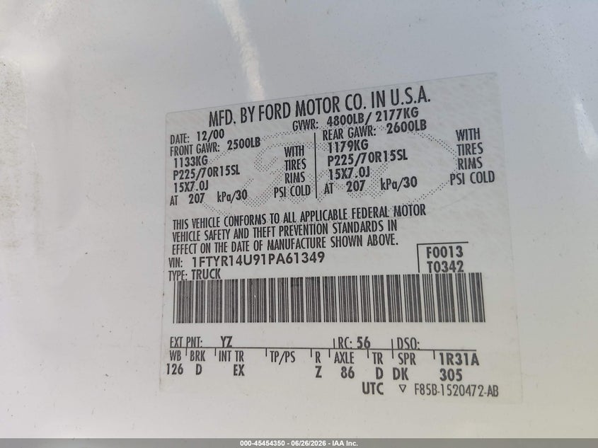 FORD RANGER 2001 VIN 1FTYR14U91PA61349