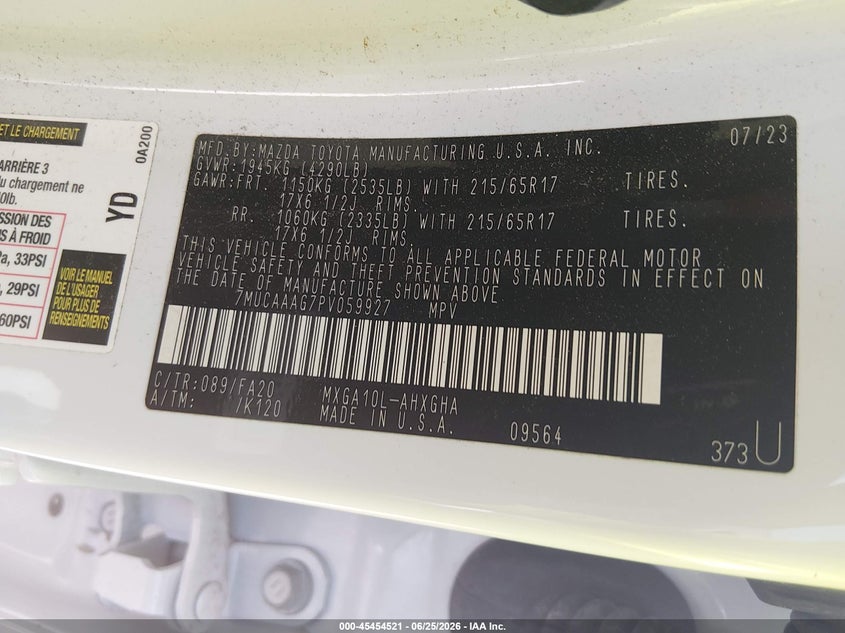 2023 Toyota Corolla Cross Le VIN: 7MUCAAAG7PV059927 Lot: 45454521