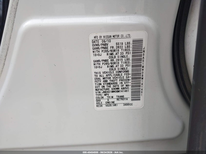 2011 Infiniti Fx35 VIN: JN8AS1MW0BM141461 Lot: 45454558