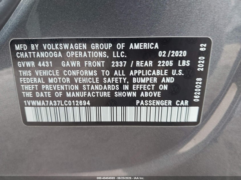 2020 Volkswagen Passat 2.0T R-Line VIN: 1VWMA7A37LC012694 Lot: 45454569