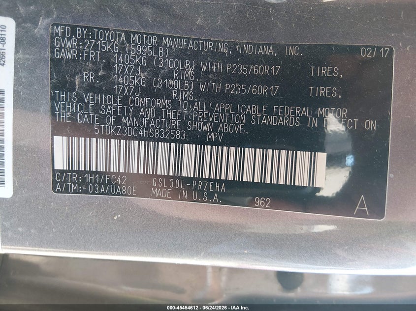 2017 TOYOTA SIENNA VAN 3.5L V-6 DI, DOHC, VVT, 296HP