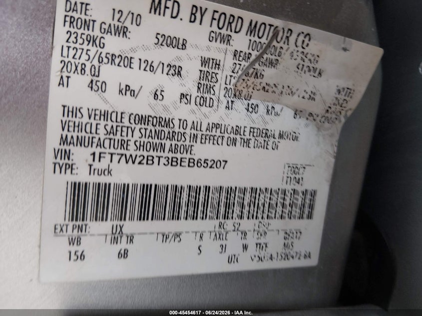 2011 Ford Super Duty F-250 Srw Lariat VIN: 1FT7W2BT3BEB65207 Lot: 45454617