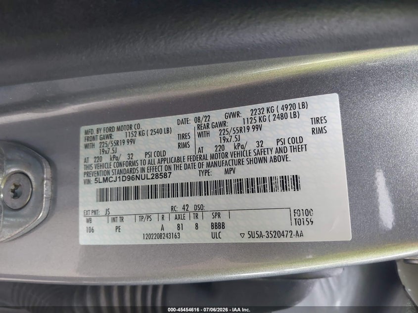 2022 Lincoln Corsair Standard VIN: 5LMCJ1D96NUL28587 Lot: 45454616