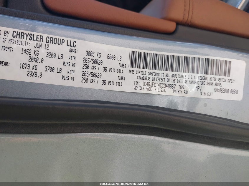 2012 JEEP GRAND CHEROKEE SPORT UTILITY VEHICLE 5.7L V-8 VVT, 360HP