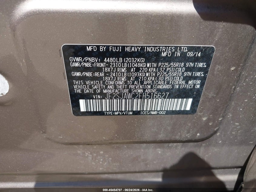 SUBARU FORESTER 2015 VIN JF2SJAWC2FH516627