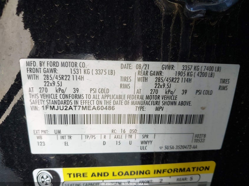2021 Ford Expedition Limited VIN: 1FMJU2AT7MEA60486 Lot: 45454716