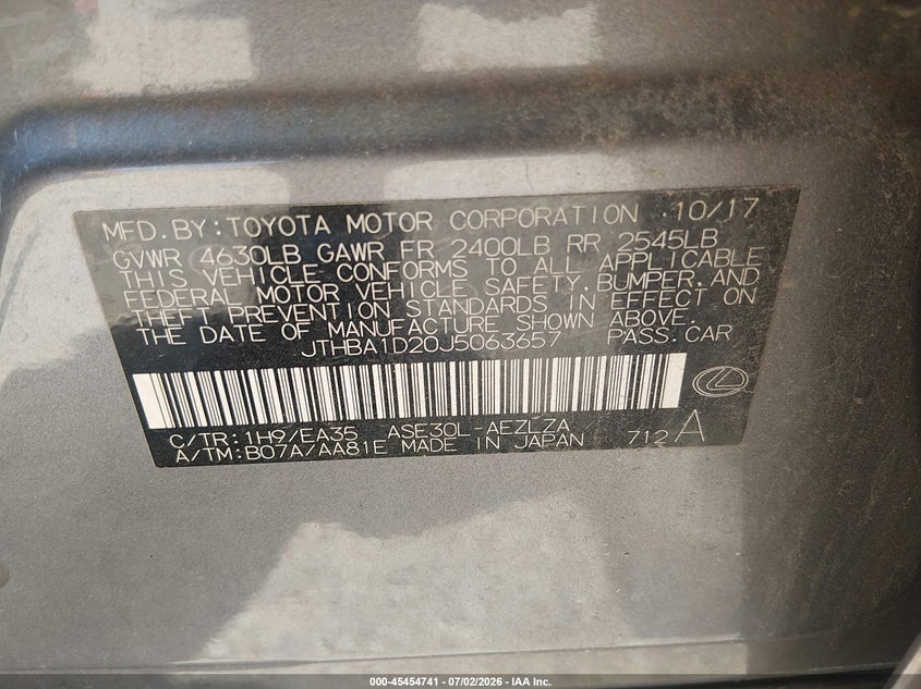 VIN JTHBA1D20J5063657 2018 LEXUS IS 300