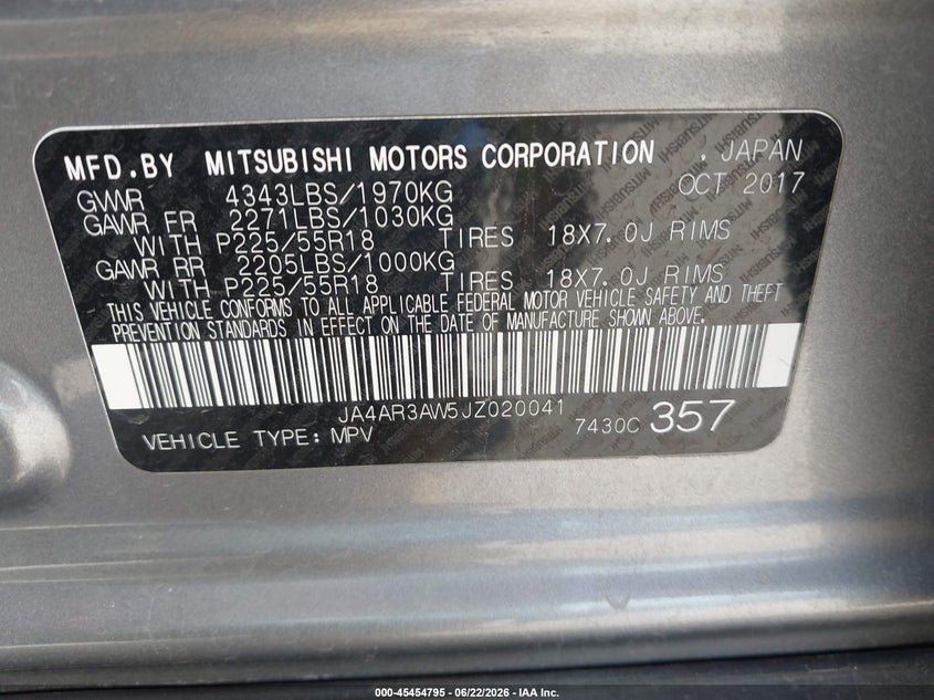 2018 MITSUBISHI OUTLANDER SPORT UTILITY VEHICLE 2.4L I-4 DOHC, VVT, 168HP