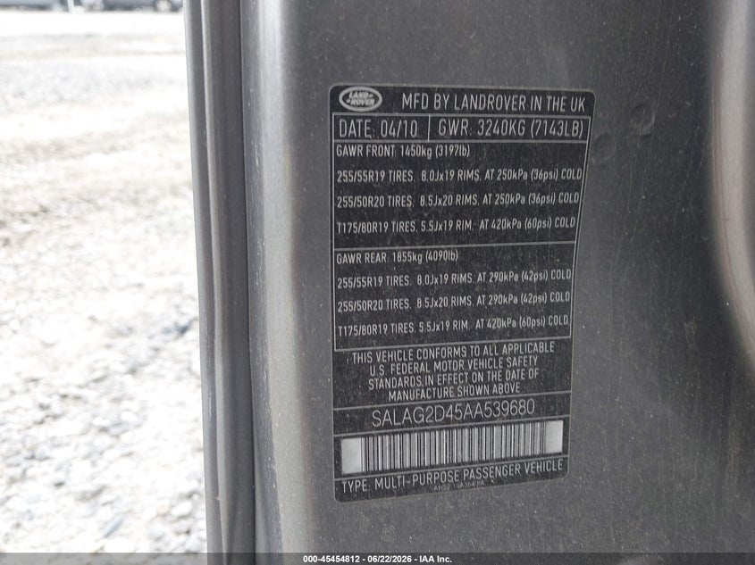 2010 Land Rover Lr4 VIN: SALAG2D45AA539680 Lot: 45454812