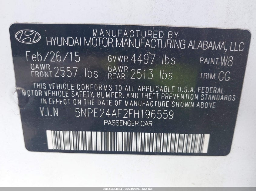 2015 HYUNDAI SONATA SEDAN 2.4L I-4 DI, DOHC, VVT, 185HP