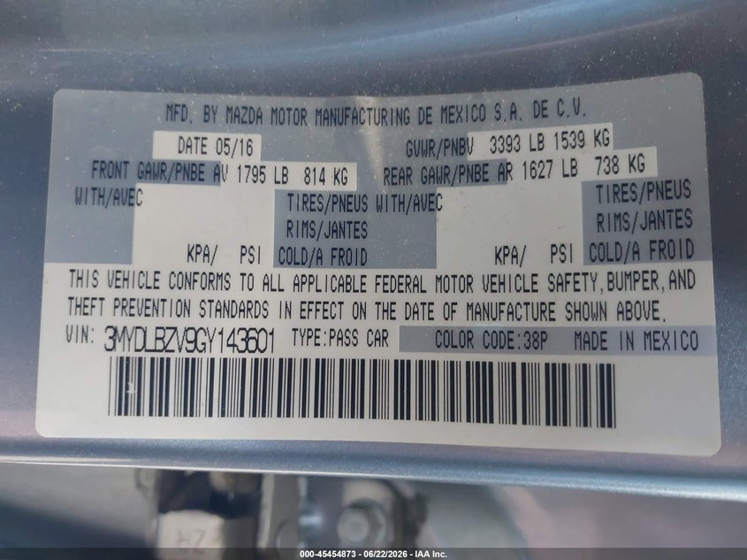 2016 Scion Ia VIN: 3MYDLBZV9GY143601 Lot: 45454873