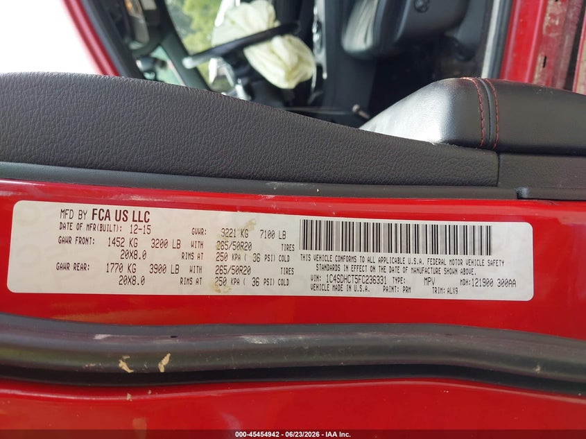 2015 Dodge Durango R/T VIN: 1C4SDHCT5FC236331 Lot: 45454942