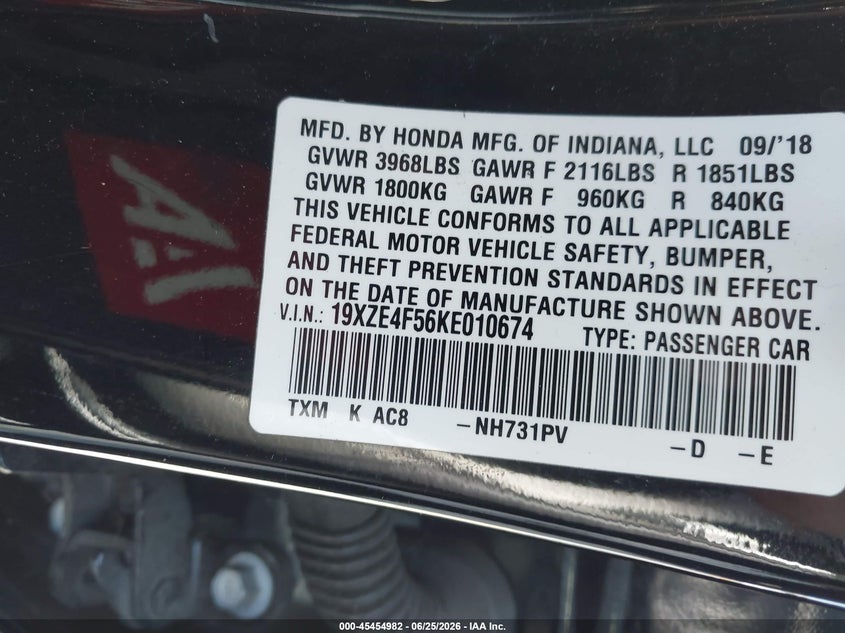 2019 Honda Insight Ex VIN: 19XZE4F56KE010674 Lot: 45454982