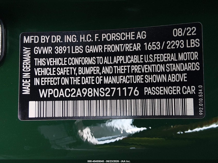 2022 Porsche 911 Gt3/Gt3 W/Touring Package VIN: WP0AC2A98NS271176 Lot: 45455048