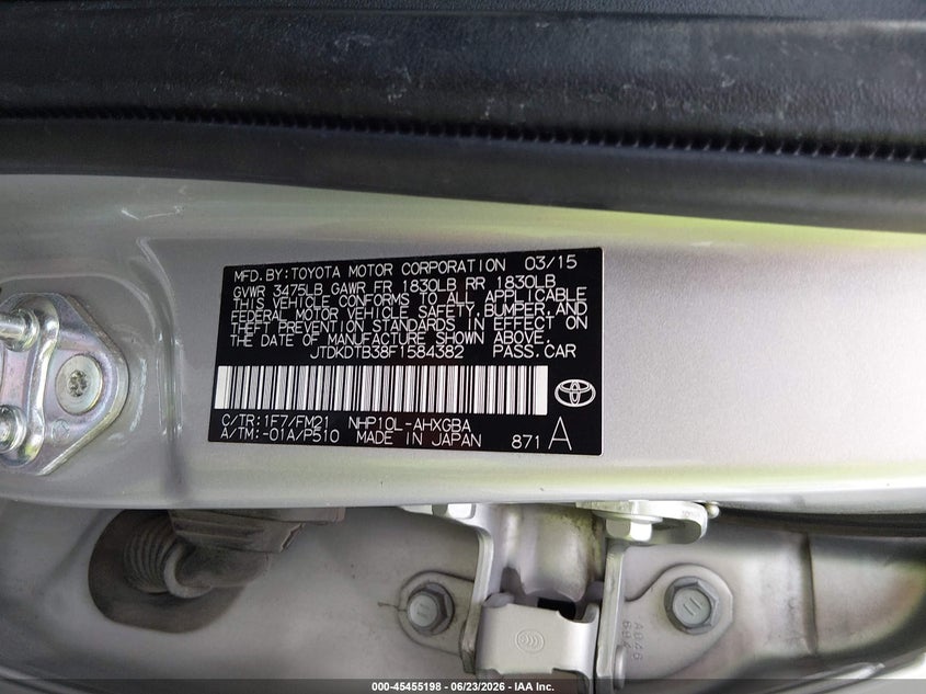 2015 Toyota Prius C Three VIN: JTDKDTB38F1584382 Lot: 45455198
