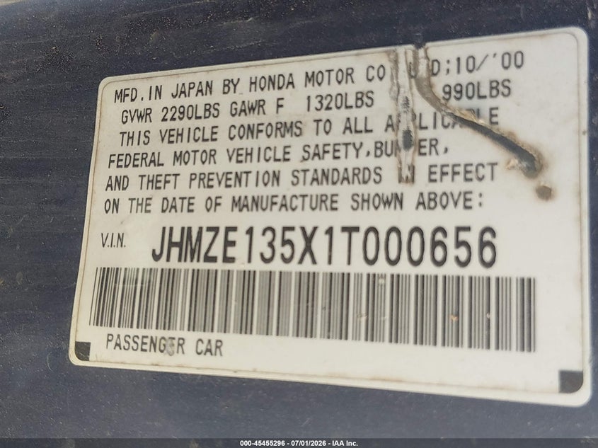 2001 Honda Insight VIN: JHMZE135X1T000656 Lot: 45455296