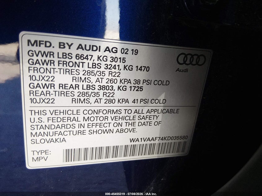 2019 Audi Q7 55 Premium VIN: WA1VAAF74KD035580 Lot: 45455319