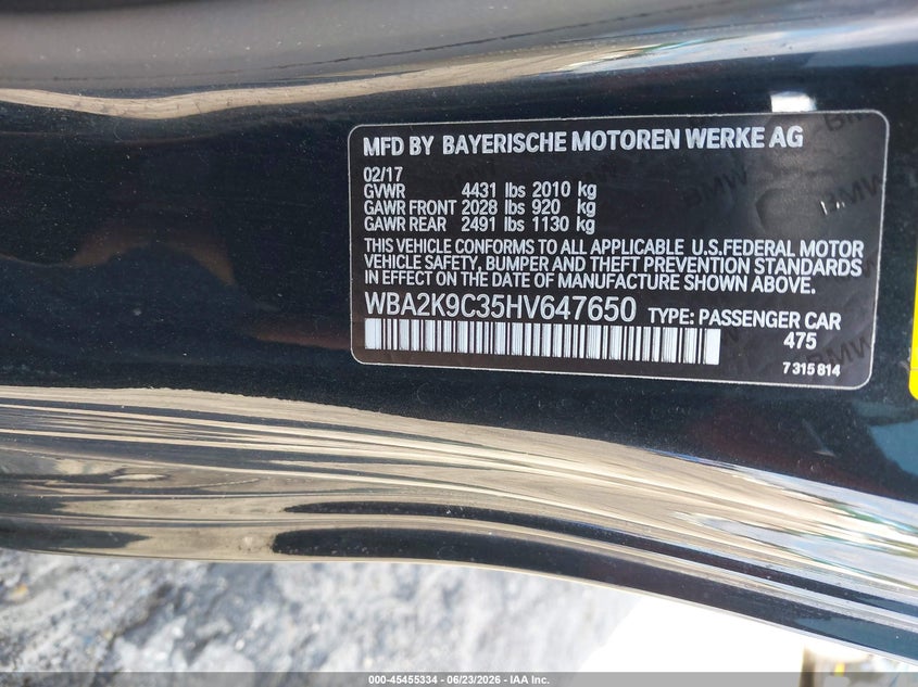 2017 BMW 230I VIN: WBA2K9C35HV647650 Lot: 45455334
