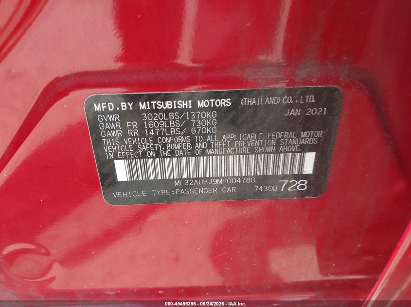 2021 Mitsubishi Mirage Carbonite Edition/Es/Le VIN: ML32AUHJ9MH004780 Lot: 45455356