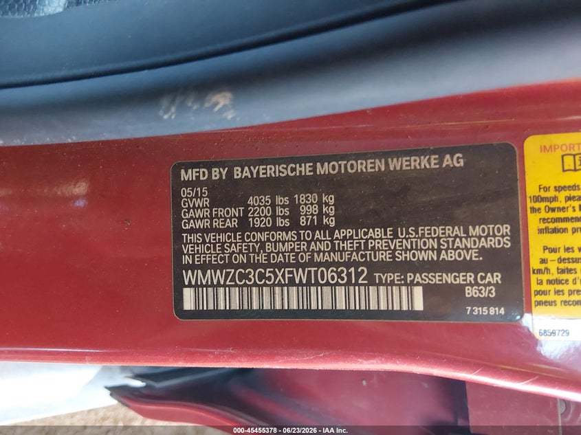 2015 Mini Countryman Cooper S VIN: WMWZC3C5XFWT06312 Lot: 45455378