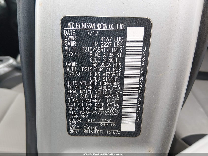 2013 Nissan Juke Sv VIN: JN8AF5MV7DT205202 Lot: 45455404