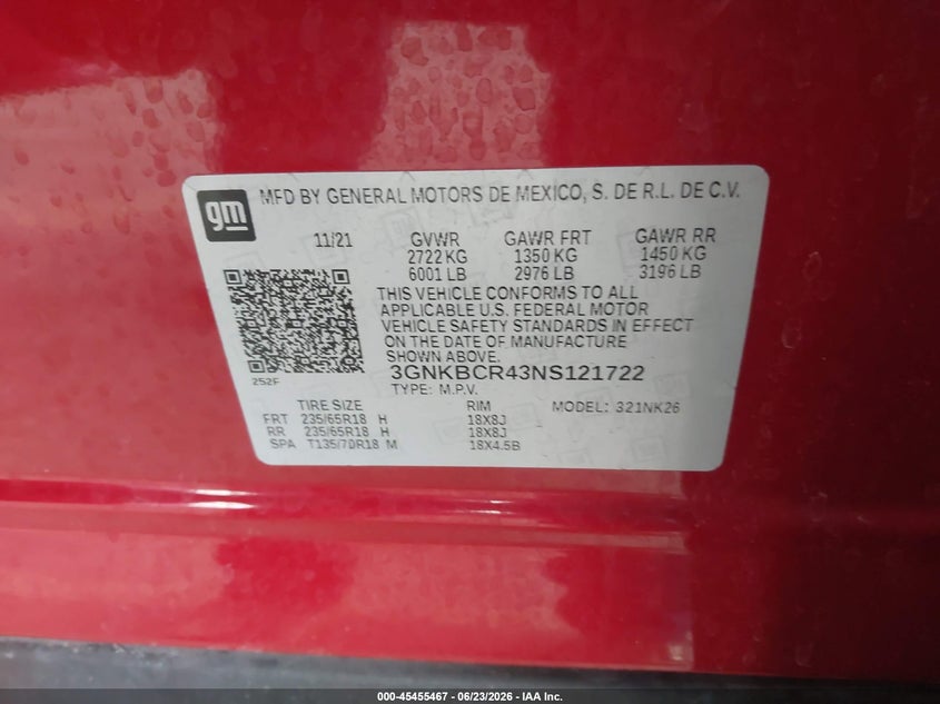 2022 Chevrolet Blazer Fwd 2Lt VIN: 3GNKBCR43NS121722 Lot: 45455467