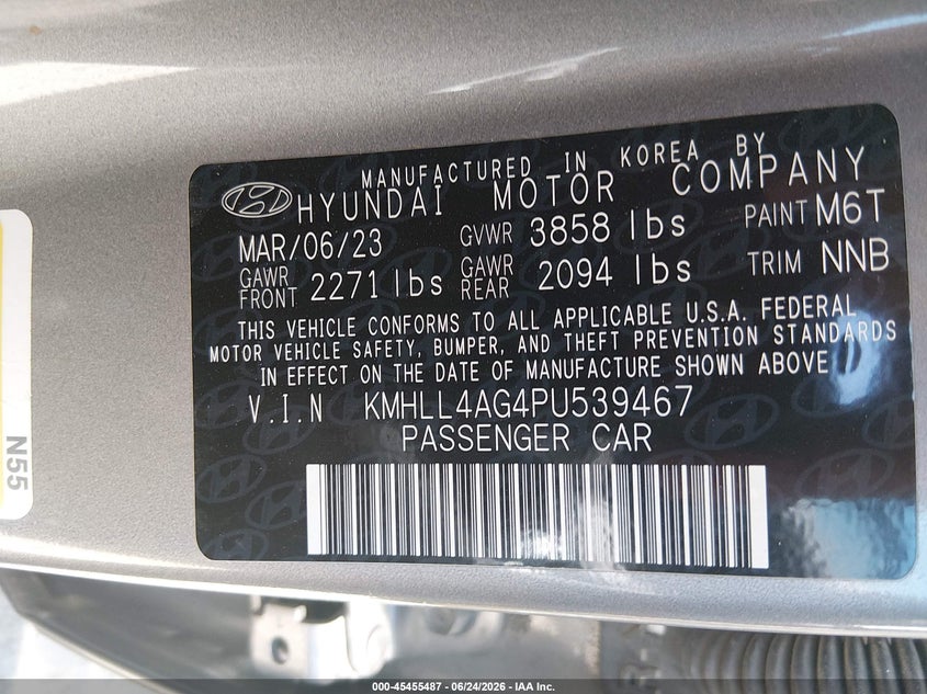 2023 Hyundai Elantra Se VIN: KMHLL4AG4PU539467 Lot: 45455487