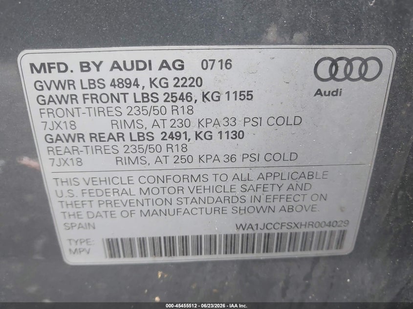 2017 Audi Q3 2.0T Premium VIN: WA1JCCFSXHR004029 Lot: 45455512